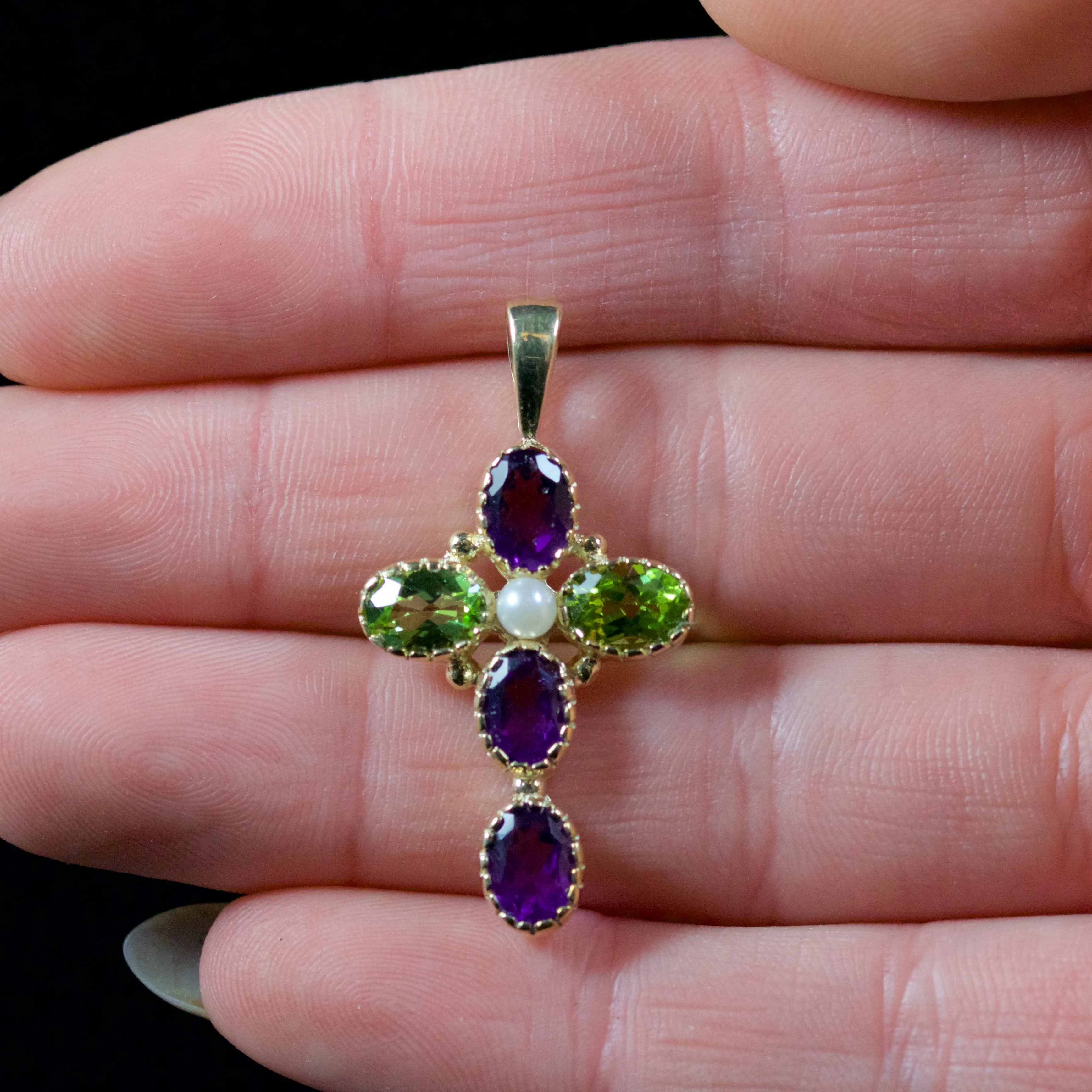 Suffragette Cross 9Ct Pendant Amethyst Peridot Pearl