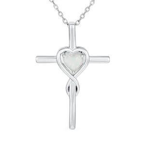 Timeless Faith Hope Love White Opal Heart Infinity Cross Pendant Necklace Silver