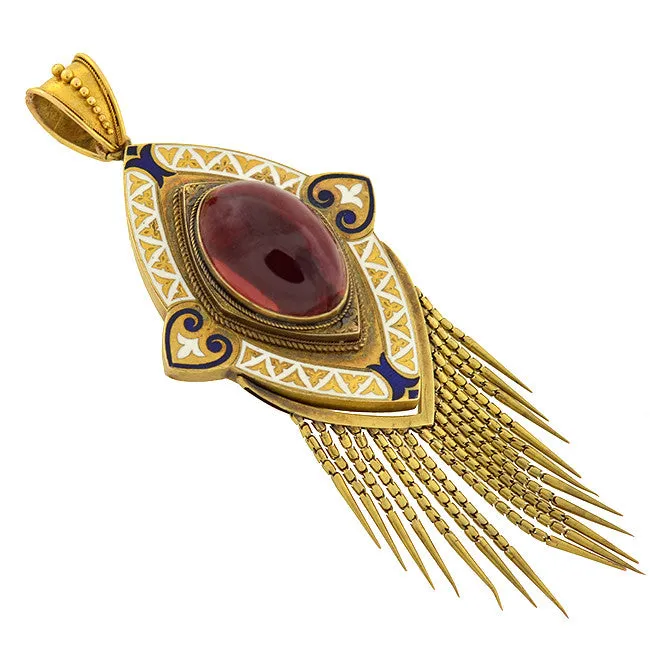 Victorian Large 15kt Garnet & Enamel Foxtail Fringe Pendant